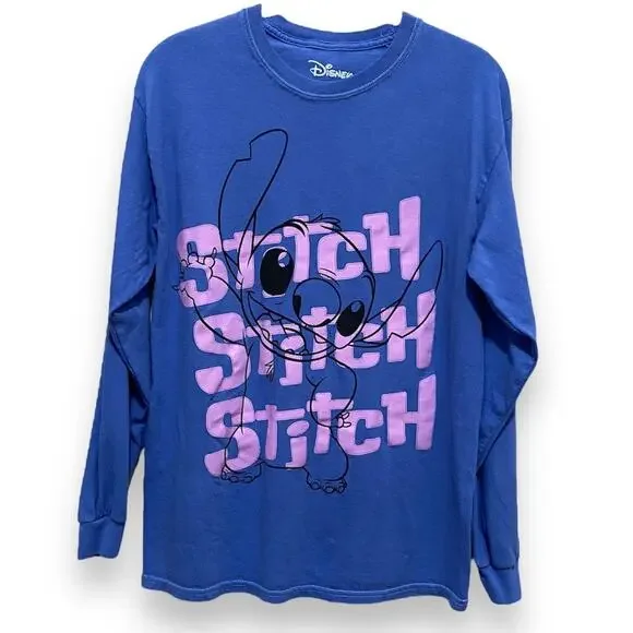 DISNEY Stitch Long Sleeve Tee SIZE MEDIUM Blue Graphic T-Shirt Lilo & Stitch - Picture 1 of 9